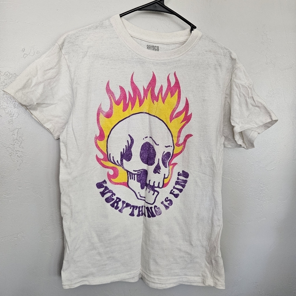Brisco Medium White Short Sleeve Graphic Tee Skull Flames Everything is Fine
